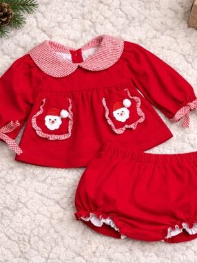 🎄 Smockingbird Baby Holiday Santa Set 3M Red Gingham Trim Outfit